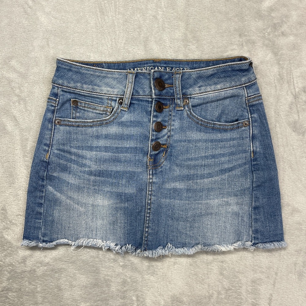 American Eagle Skirt Women 00 Blue Denim Mini Super Stretch X Raw Hem Button Fly